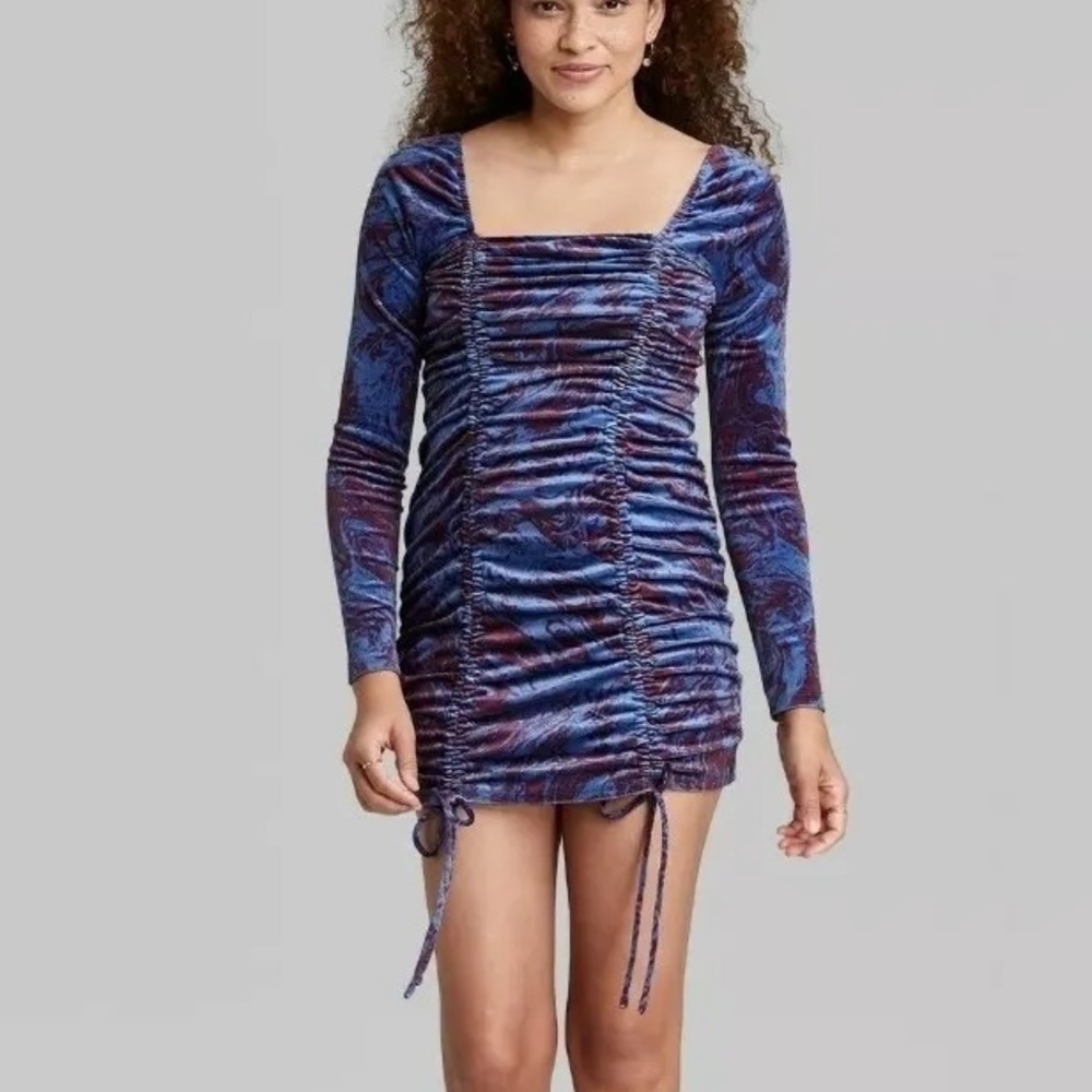 Wild Fable Women XL Blue/Purple Tie Dye Velvet Tied Shirred Front Bodycon Dress